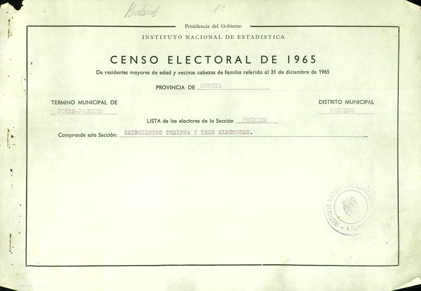 Censo electoral provincial de 1965: listas definitivas de Torre-Pacheco, Distrito 1º, sección 2ª.